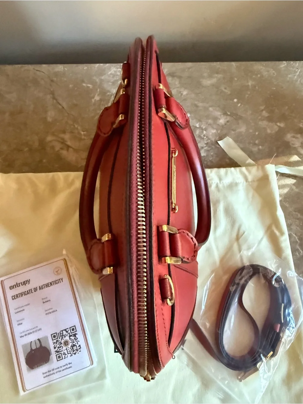 Burberry Red Leather Dome Satchel with Gold Hardware